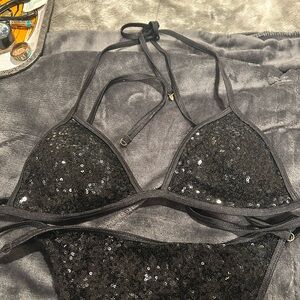 Victorias secret Black Sequin Halter Bikini Top worn 2 c and not in water